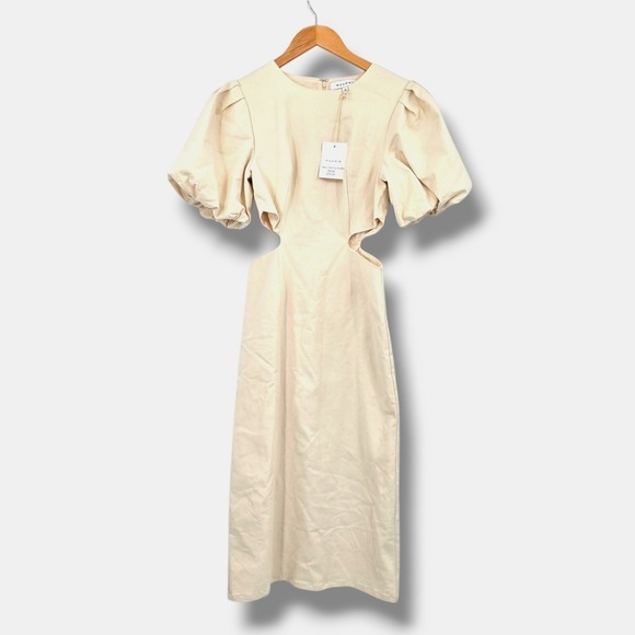 New Moodie Cut Out Midi‎ Dress Puff Sleeve Party Cocktail Dress Small Cream - Picture 1 of 12